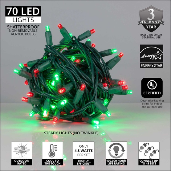 70 5mm Red, Green LED Christmas Lights, 4" Spacing