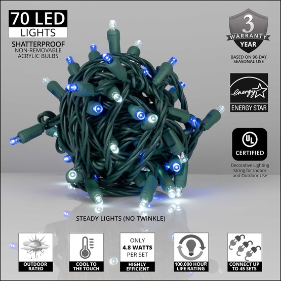 70 5mm Blue, Cool White LED Christmas Lights, 4" Spacing