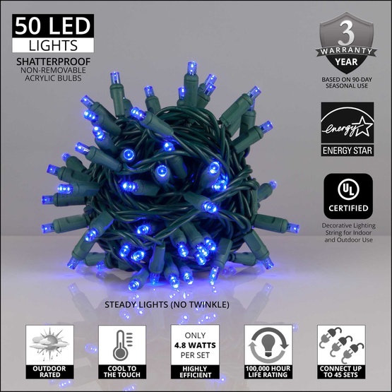 50 5mm Blue LED Christmas Lights, 6" Spacing