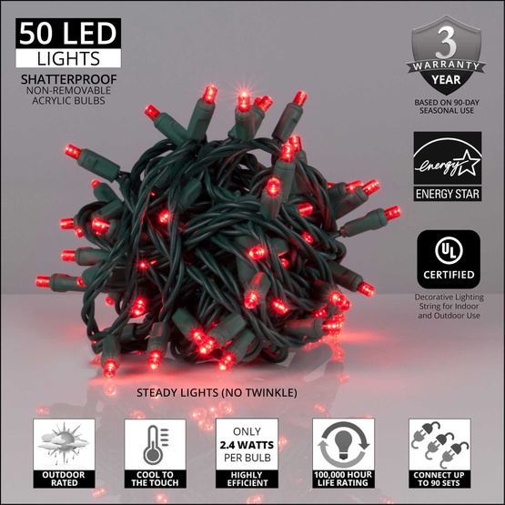 50 5mm Red LED Christmas Lights, 6" Spacing