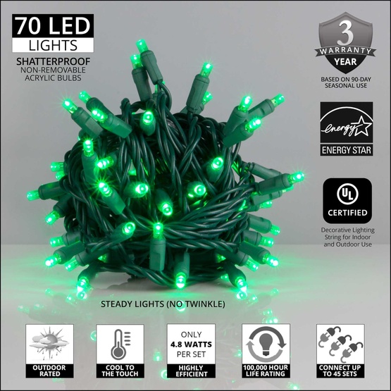 70 5mm Green LED Christmas Lights, 4" Spacing