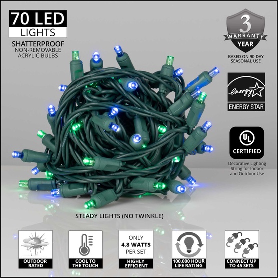 70 5mm Blue, Green LED Christmas Lights, 4" Spacing
