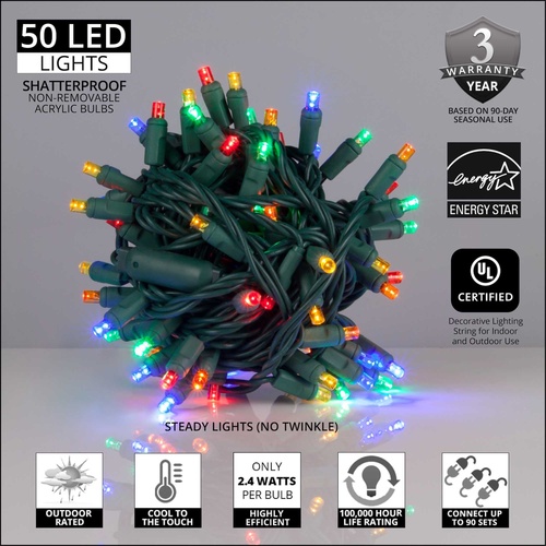 50 5mm Multi Color LED Christmas Lights, 6" Spacing