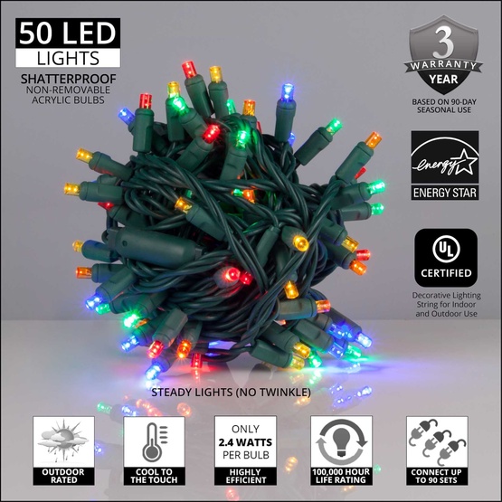 50 5mm Multi Color LED Christmas Lights, 6" Spacing