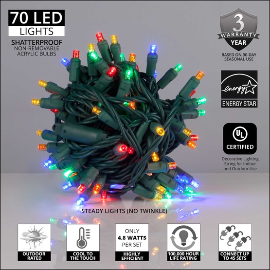 70 5mm Multi Color LED Christmas Lights, 4" Spacing