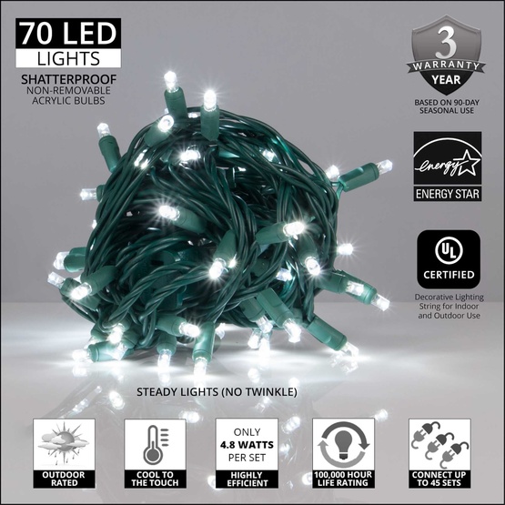 70 5mm Cool White LED Christmas Lights, 4" Spacing