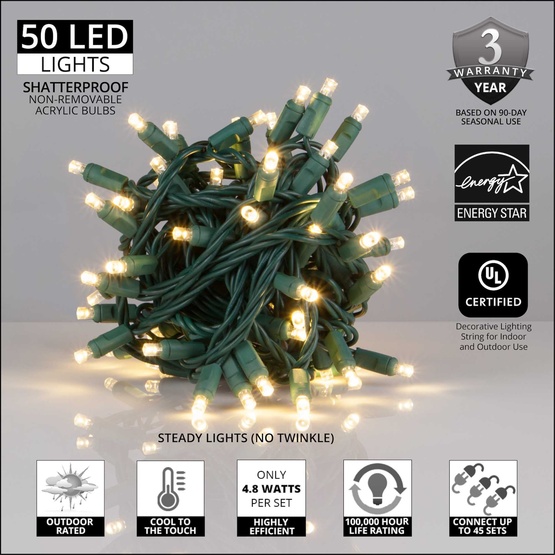 50 5mm Warm White LED Christmas Lights, 4" Spacing