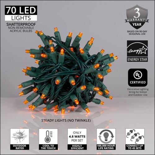 70 5mm Amber LED Christmas Lights, 4" Spacing