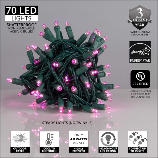 70 5mm Pink LED Christmas Lights, 4" Spacing