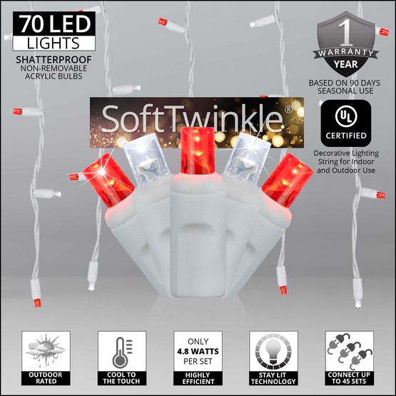 70 5mm Cool White, Red SoftTwinkle LED Icicle Lights