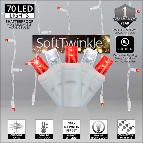 70 5mm Cool White, Red SoftTwinkle LED Icicle Lights