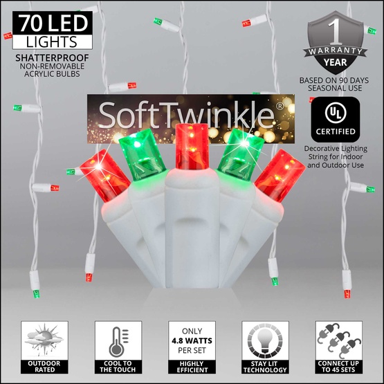 70 5mm Green, Red SoftTwinkle LED Icicle Lights