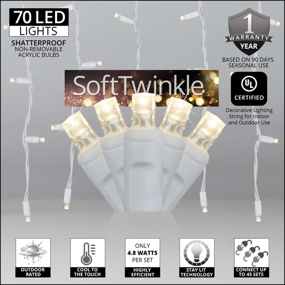 70 5mm Warm White SoftTwinkle LED Icicle Lights