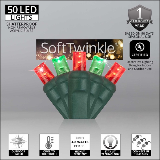 50 5mm Red, Green SoftTwinkle LED Christmas Lights, 4" Spacing