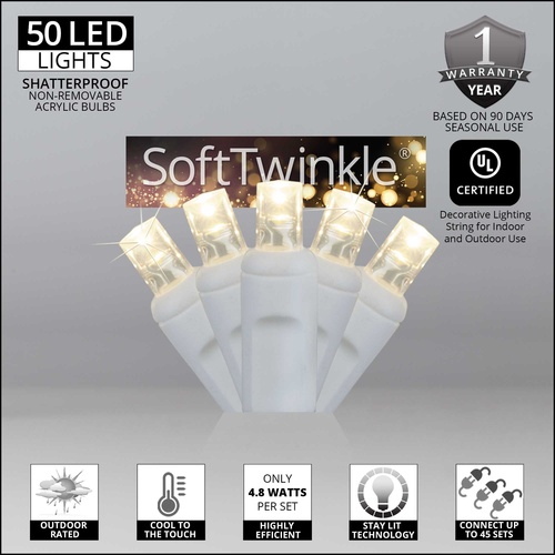 50 5mm Warm White SoftTwinkle LED Christmas Lights, 4" Spacing, White Wire