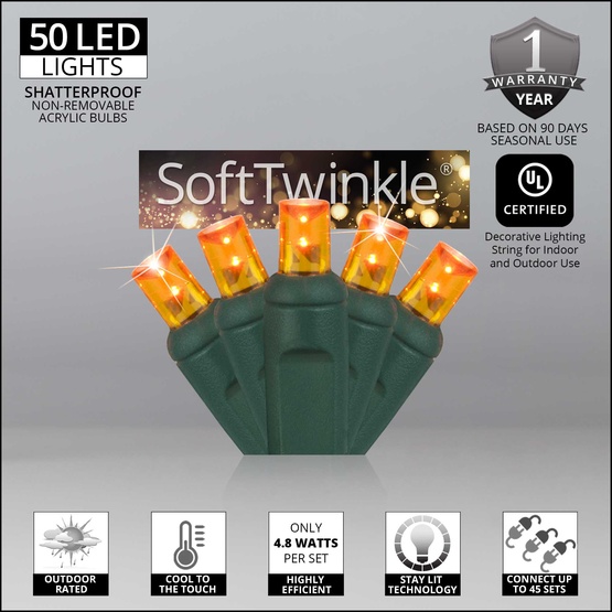 50 5mm Amber SoftTwinkle LED Christmas Lights, 4" Spacing