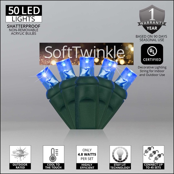 50 5mm Blue SoftTwinkle LED Christmas Lights, 4" Spacing