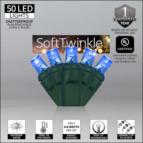 50 5mm Blue SoftTwinkle LED Christmas Lights, 4" Spacing