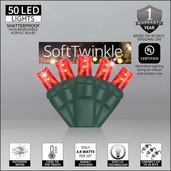 50 5mm Red SoftTwinkle LED Christmas Lights, 4" Spacing