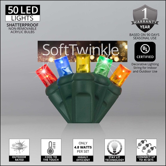 50 5mm Multi Color SoftTwinkle LED Christmas Lights, 4" Spacing