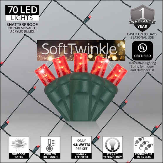 5mm 4' x 6' Red SoftTwinkle LED Net Lights, Green Wire