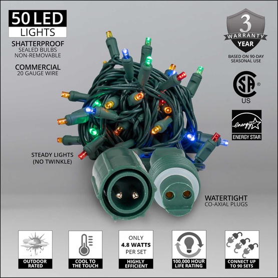 50 WeatherPRO TM 5mm Multi Color LED Christmas Lights, 4" Spacing