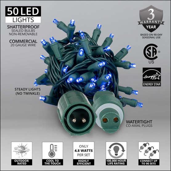 50 WeatherPRO TM 5mm Blue LED Christmas Lights, 4" Spacing