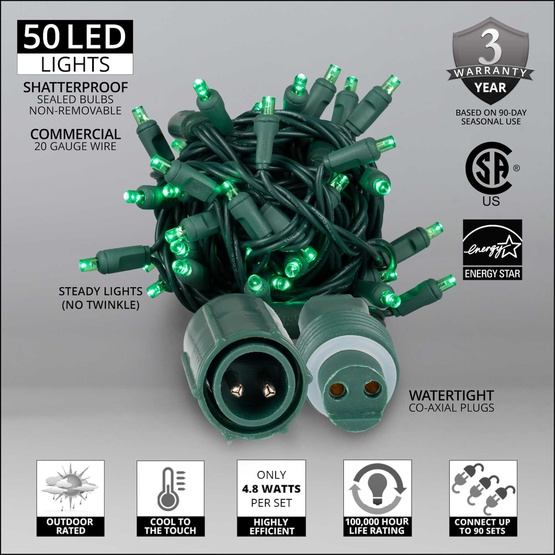 50 WeatherPRO TM 5mm Green LED Christmas Lights, 4" Spacing