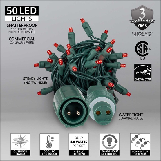 50 WeatherPRO TM 5mm Red LED Christmas Lights, 4" Spacing