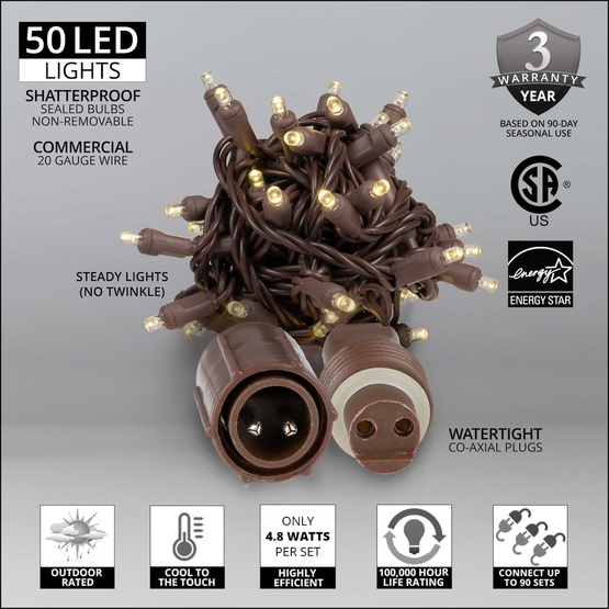 50 WeatherPRO TM 5mm Warm White LED Christmas Lights, 4" Spacing, Brown Wire