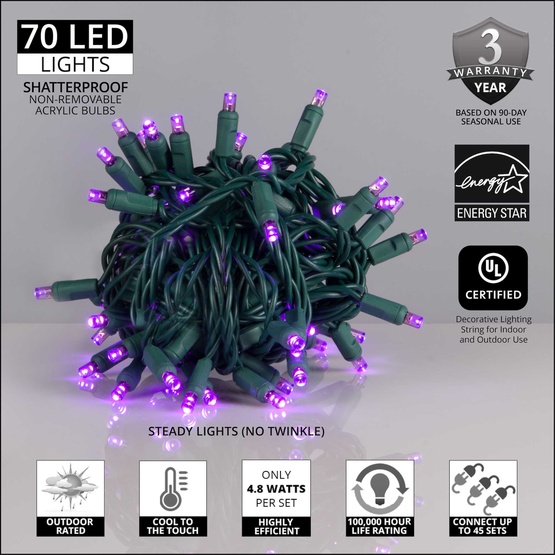 70 5mm Purple LED Christmas Lights, 4" Spacing