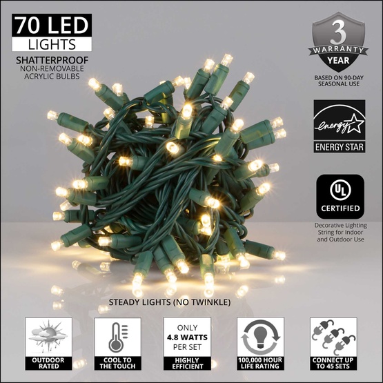 70 5mm Warm White LED Christmas Lights, 4" Spacing