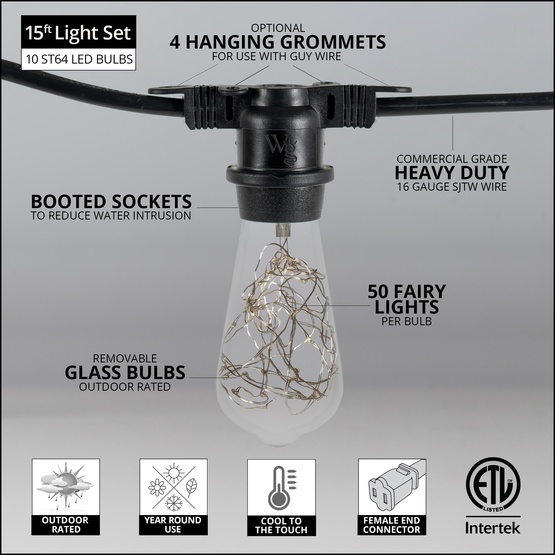 15' ST64 Warm White LEDimagine TM Patio String Lights, Commercial Black Wire