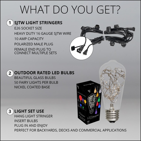 15' ST64 Warm White LEDimagine TM Patio String Lights, Commercial Black Wire