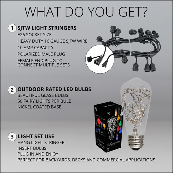 15' ST64 Warm White Suspended LEDimagine TM Patio String Lights, Commercial Black Wire