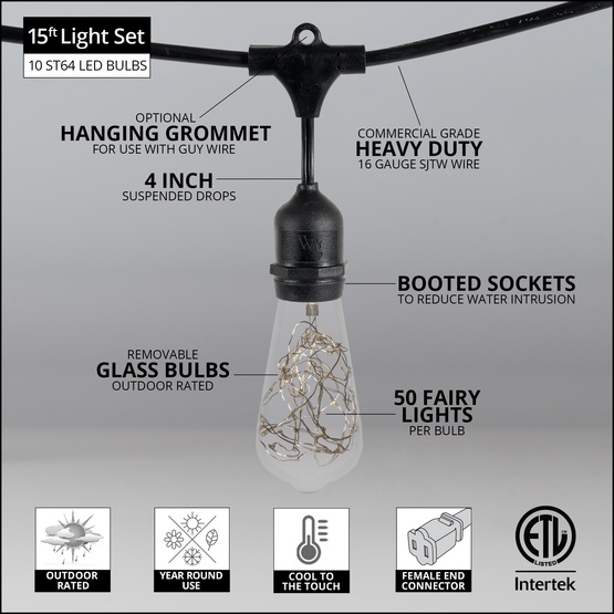 15' ST64 Warm White Suspended LEDimagine TM Patio String Lights, Commercial Black Wire