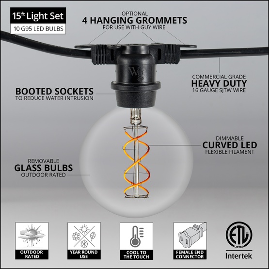 15' G95 FlexFilament TM LED Edison Bulb Globe Lights Commercial Black Wire