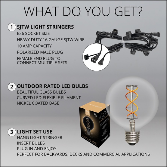 15' G95 FlexFilament TM LED Edison Bulb Globe Lights Commercial Black Wire