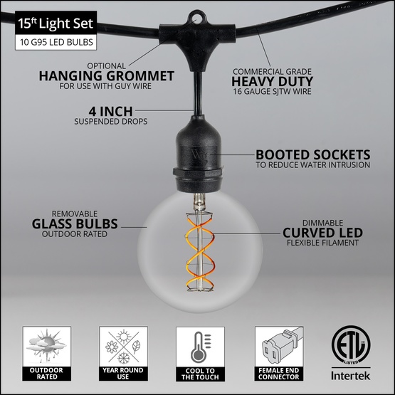 15' G95 Suspended FlexFilament TM LED Edison Bulb Globe Lights Commercial Black Wire