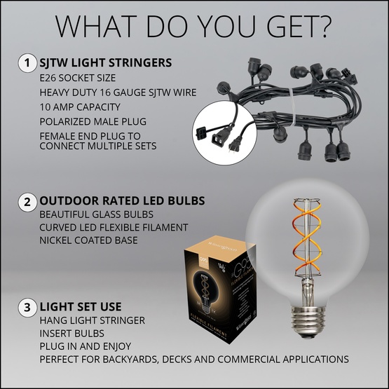 15' G95 Suspended FlexFilament TM LED Edison Bulb Globe Lights Commercial Black Wire