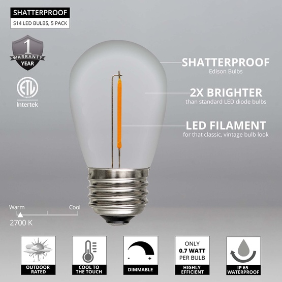 S14 120V Dimmable Warm White Shatterproof LED Filament Edison Bulb, 5 Pack