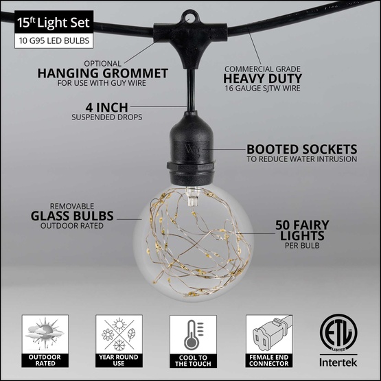 15' G95 RGB Color Change Suspended LEDimagine TM Globe String Lights, Commercial Black Wire