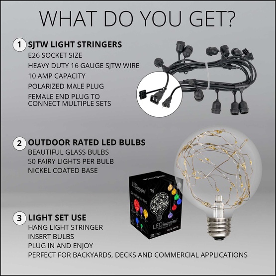 15' G95 RGB Color Change Suspended LEDimagine TM Globe String Lights, Commercial Black Wire