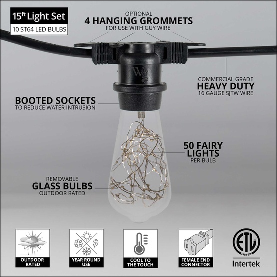 15' ST64 RGB Color Change LEDimagine TM Patio String Lights, Commercial Black Wire