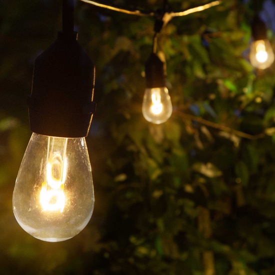 15' S14 Warm White Suspended FlexFilament TM LED Shatterproof Patio Lights, Commercial Black Wire