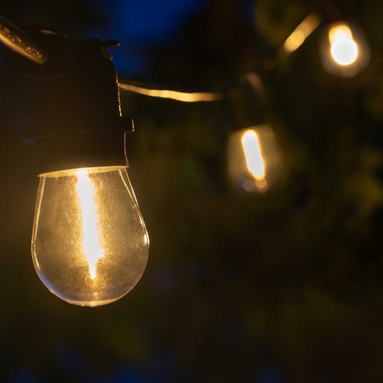 15' S14 Warm White LED Filament Shatterproof Patio String Lights, 10 Bulbs, Commercial Black Wire