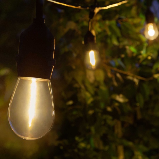 15' S14 Warm White Suspended LED Filament Shatterproof Patio String Lights, 10 Bulbs, Commercial Black Wire