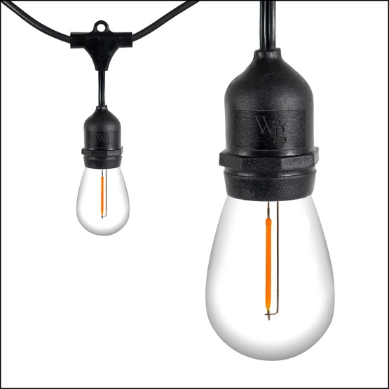 15' S14 Warm White Suspended LED Filament Shatterproof Patio String Lights, 10 Bulbs, Commercial Black Wire
