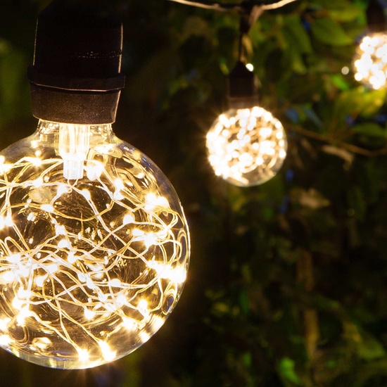 15' G95 Warm White Suspended LEDimagine TM Globe String Lights, Commercial Black Wire