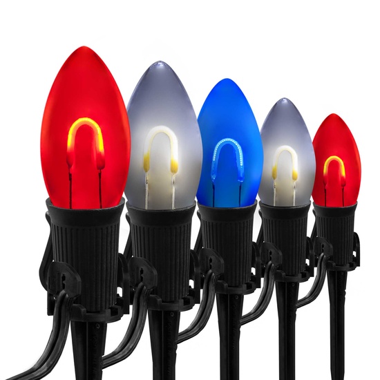 C9 Red White & Blue FlexFilament TM LED Shatterproof Patriotic Pathway Lights, 15 Lights, 5 Inch PathPRO Stakes, 15'